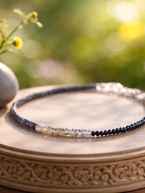 Natural Black Spinel, Green, Purple Sapphire Bracelet Handcrafted 14k White Gold